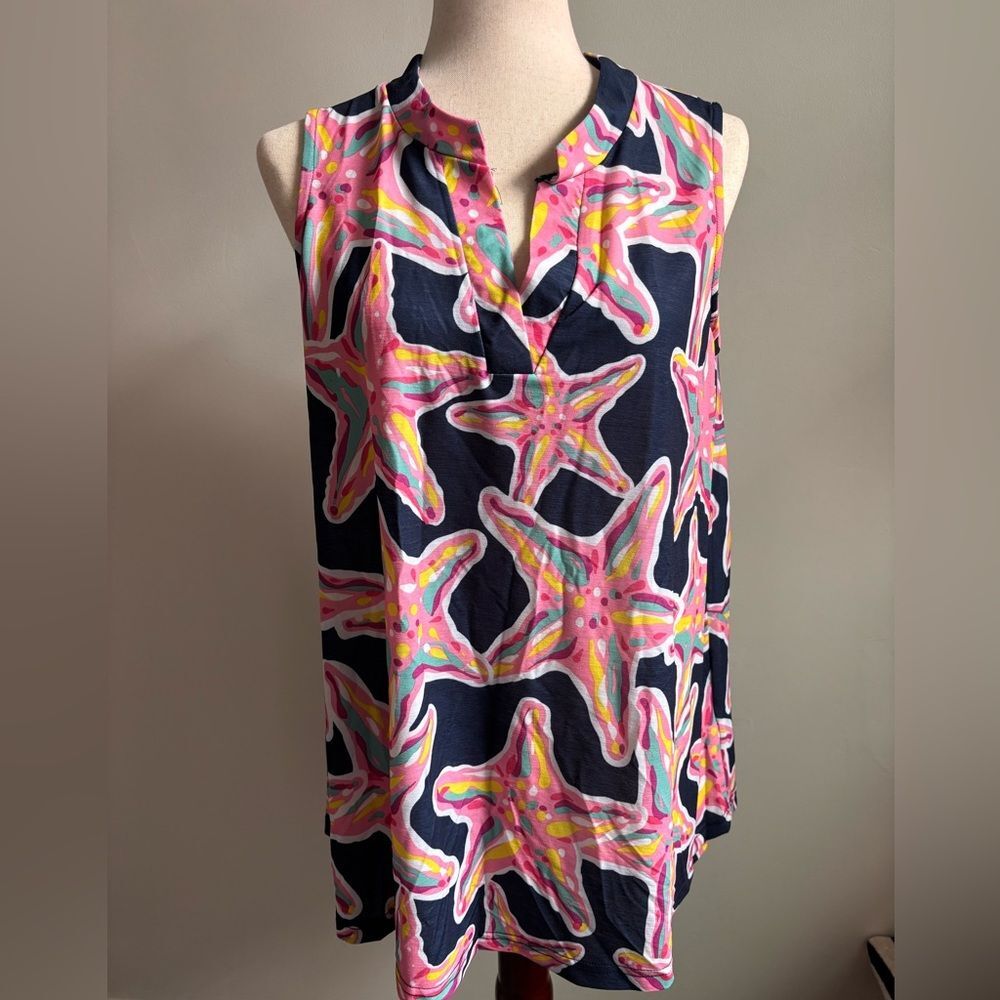 Simply Southern Navy Sleeveless Tunic with Pink & Yellow Starfish Print